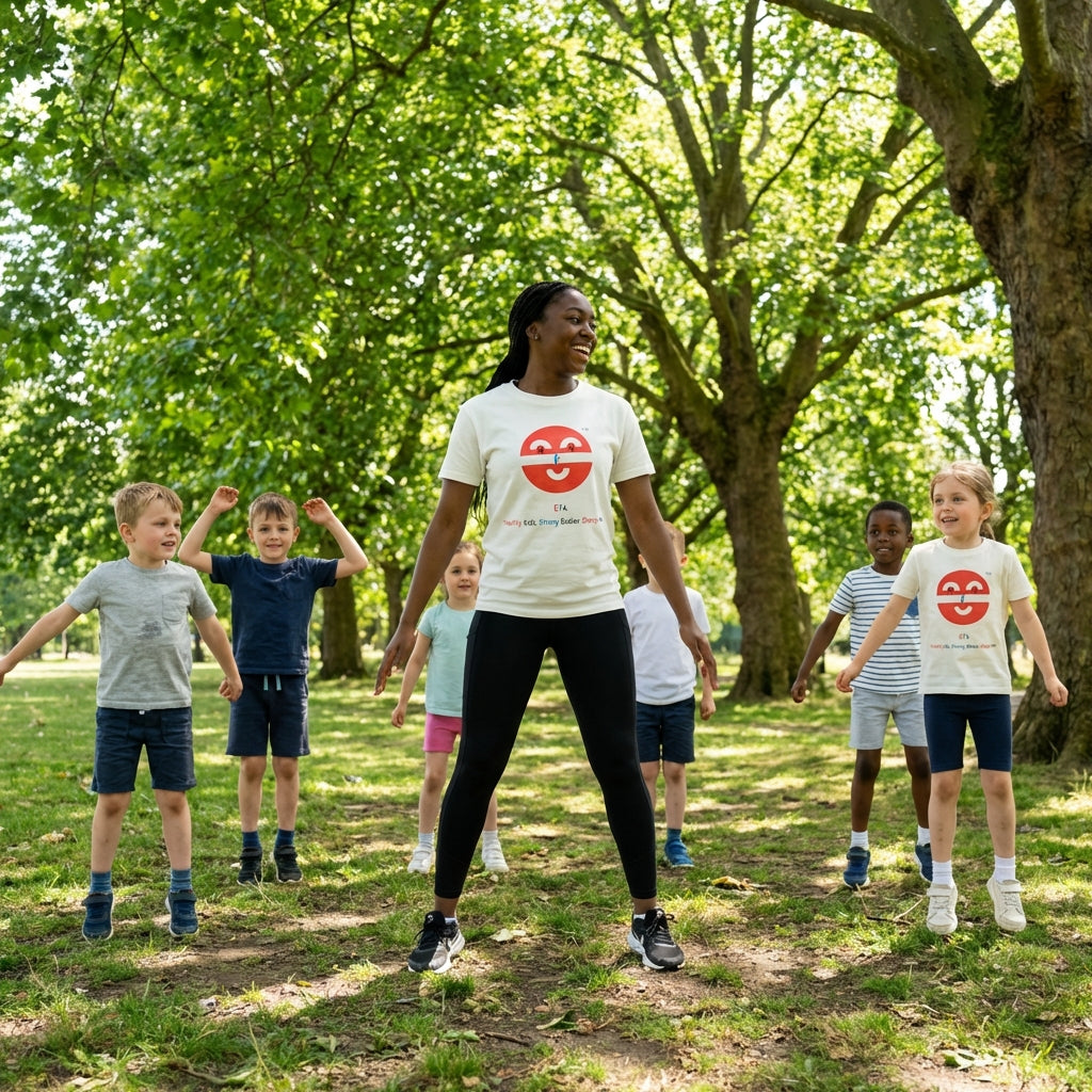 EM-141 EF4 Exercise Mascot Face Logo "Healthy Kids, Strong Bodies Sharp Minds" Short Sleeve T-Shirt Free Shipping on All Orders!