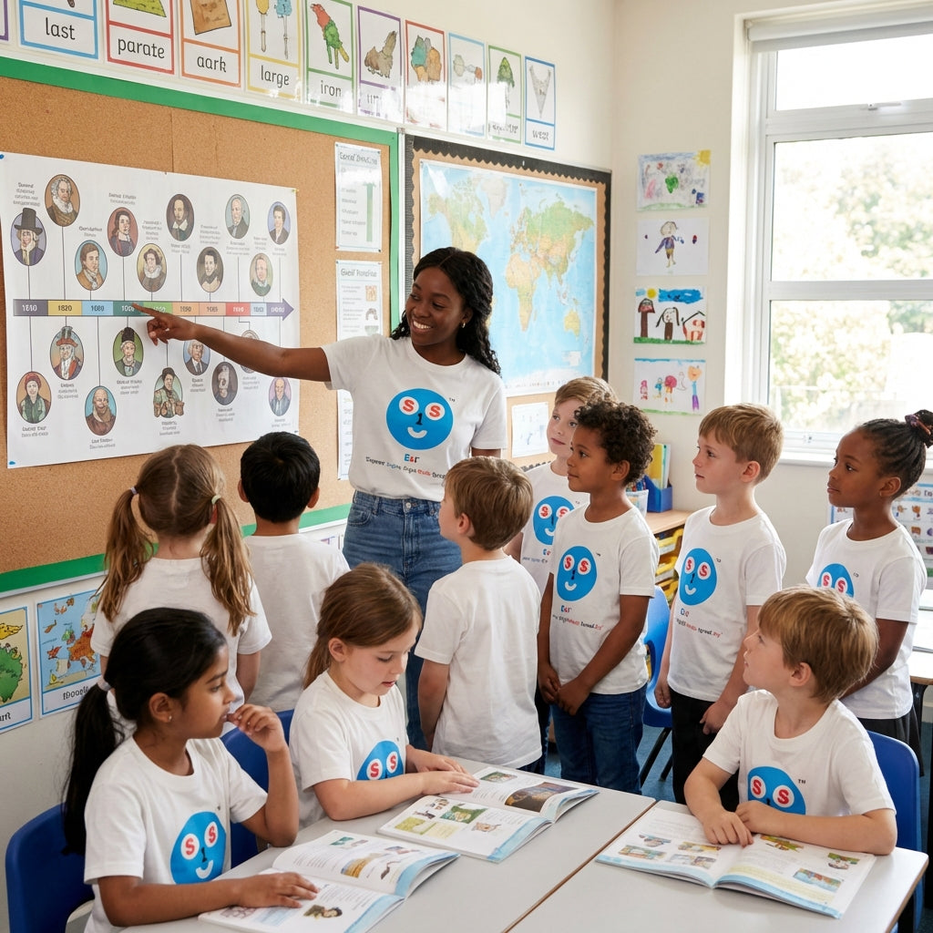 EM-121 ES1 Education Mascot Face Logo "Empower, Inspire, Bright Minds Spread Joy" Short Sleeve T-Shirt Free Shipping on All Orders!