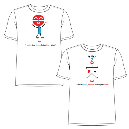 EM-163 2 Pack T-Shirts 1 pc EM-140 EF4 Exercise Mascot Logo "Healthy Kids, Strong Bodies Sharp Minds" Short Sleeve T-Shirt & 1 Pc EM-106 EM2 Emotion Mascot Logo "Elevate Hearts ,Emotions Fun Bright Future" Short Sleeve T-Shirt