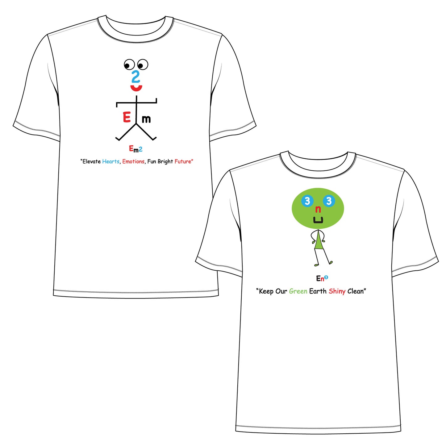 EM-164 2 Pack T-Shirts 1 Pc EM-106 EM2 Emotion Mascot Logo "Elevate Hearts ,Emotions Fun Bright Future" Short Sleeve T-Shirt & 1 Pc EM-130 EN3 Environment Mascot Logo "Keep Our Green Earth Shiny Clean" Short Sleeve T- Shirt