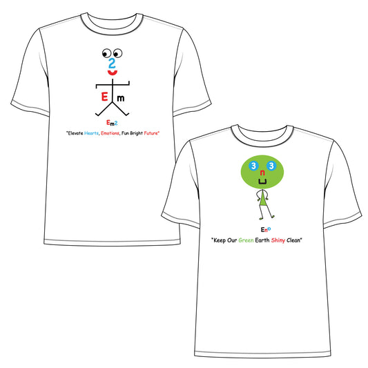 EM-164 2 Pack T-Shirts 1 Pc EM-106 EM2 Emotion Mascot Logo "Elevate Hearts ,Emotions Fun Bright Future" Short Sleeve T-Shirt & 1 Pc EM-130 EN3 Environment Mascot Logo "Keep Our Green Earth Shiny Clean" Short Sleeve T- Shirt