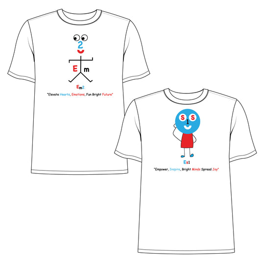 EM-165 2 Pack T-Shirts 1 Pc EM-106 EM2 Emotion Mascot Logo "Elevate Hearts ,Emotions Fun Bright Future" Short Sleeve T-Shirt & 1 Pc ES1 Education Mascot Logo "Empower, Inspire, Bright Minds Spread Joy" 100% Cotton Unisex Short Sleeve T-Shirt