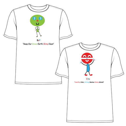 EM-162 2 Pack T-shirts 1 pc EM-130 EN3 Environment Mascot Logo "Keep Our Green Earth Shiny Clean" Short Sleeve T- Shirt & 1 Pc EM-140 EF4 Exercise Mascot Logo "Healthy Kids, Strong Bodies Sharp Minds" Short Sleeve T-Shirt