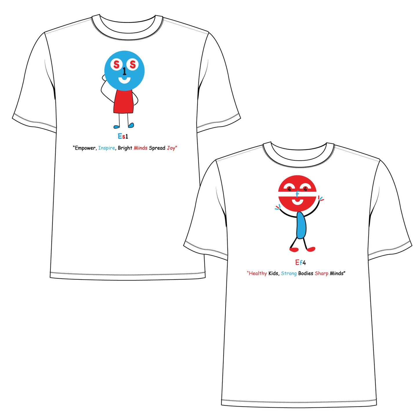 EM-160 2 Pack T-Shirts ( 1 pc EM-120 ES1 Education Mascot Logo "Empower, Inspire, Bright Minds Spread Joy" Short Sleeve T-Shirt & 1 Pc EM-140 EF4 Exercise Mascot Logo "Healthy Kids, Strong Bodies Sharp Minds" Short Sleeve T-Shirt)