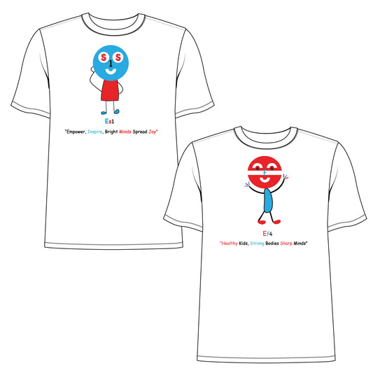EM-160 2 Pack T-Shirts ( 1 pc EM-120 ES1 Education Mascot Logo "Empower, Inspire, Bright Minds Spread Joy" Short Sleeve T-Shirt & 1 Pc EM-140 EF4 Exercise Mascot Logo "Healthy Kids, Strong Bodies Sharp Minds" Short Sleeve T-Shirt)