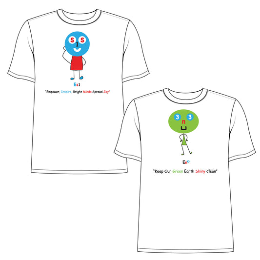 EM-161 2 Pack T-Shirts 1 pc EM-120 ES1 Education Mascot Logo "Empower, Inspire, Bright Minds Spread Joy" Short Sleeve T-Shirt & 1 pc EM-130 EN3 Environment Mascot Logo "Keep Our Green Earth Shiny Clean" Short Sleeve T- Shirt