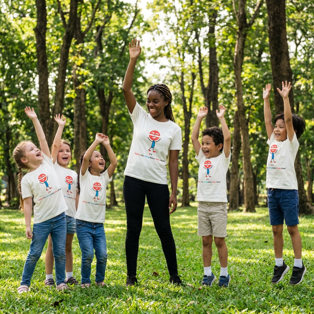 EM-140 EF4 Exercise Mascot Logo "Healthy Kids, Strong Bodies Sharp Minds" Short Sleeve T-Shirt Free Shipping on All Orders!