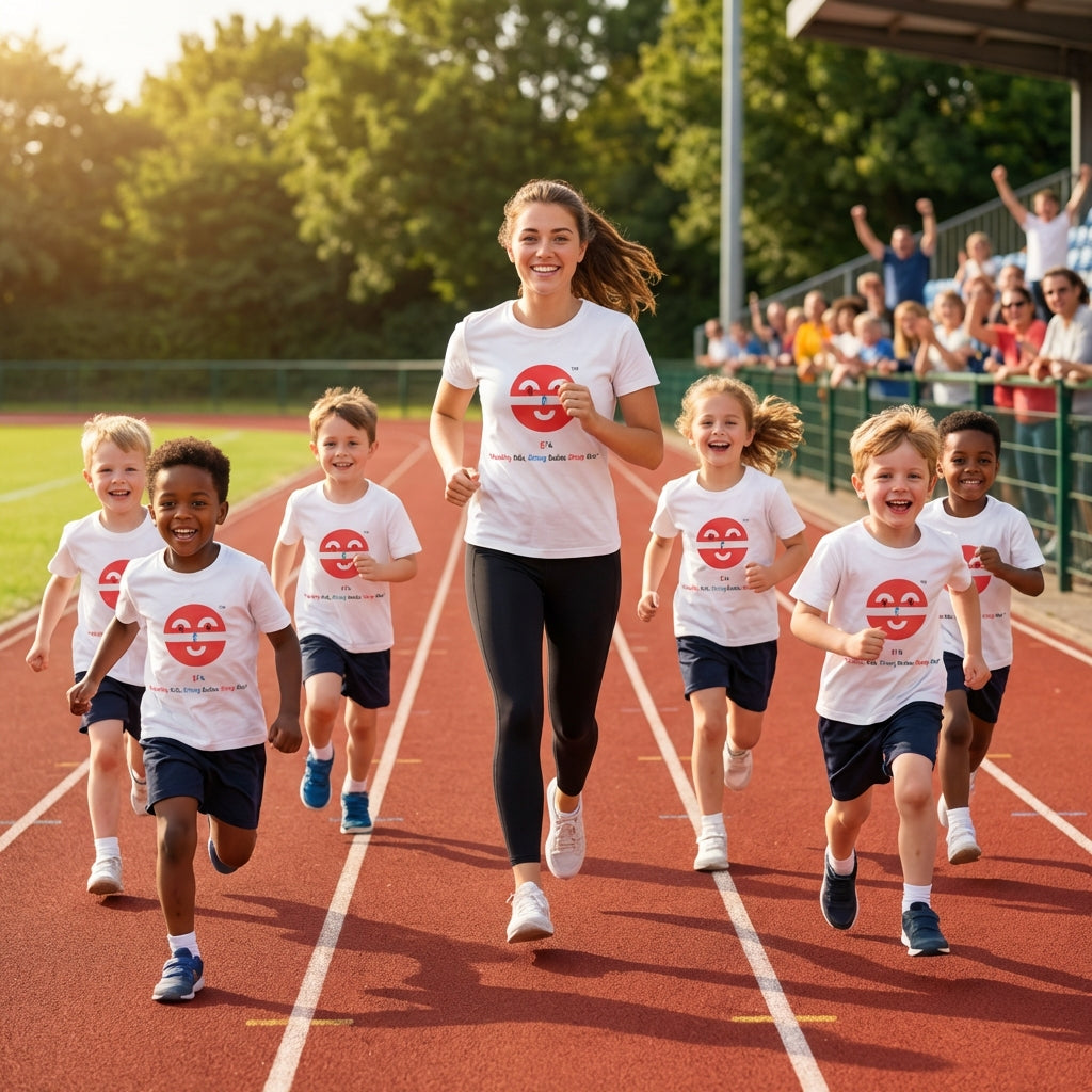 EM-141 EF4 Exercise Mascot Face Logo "Healthy Kids, Strong Bodies Sharp Minds" Short Sleeve T-Shirt Free Shipping on All Orders!