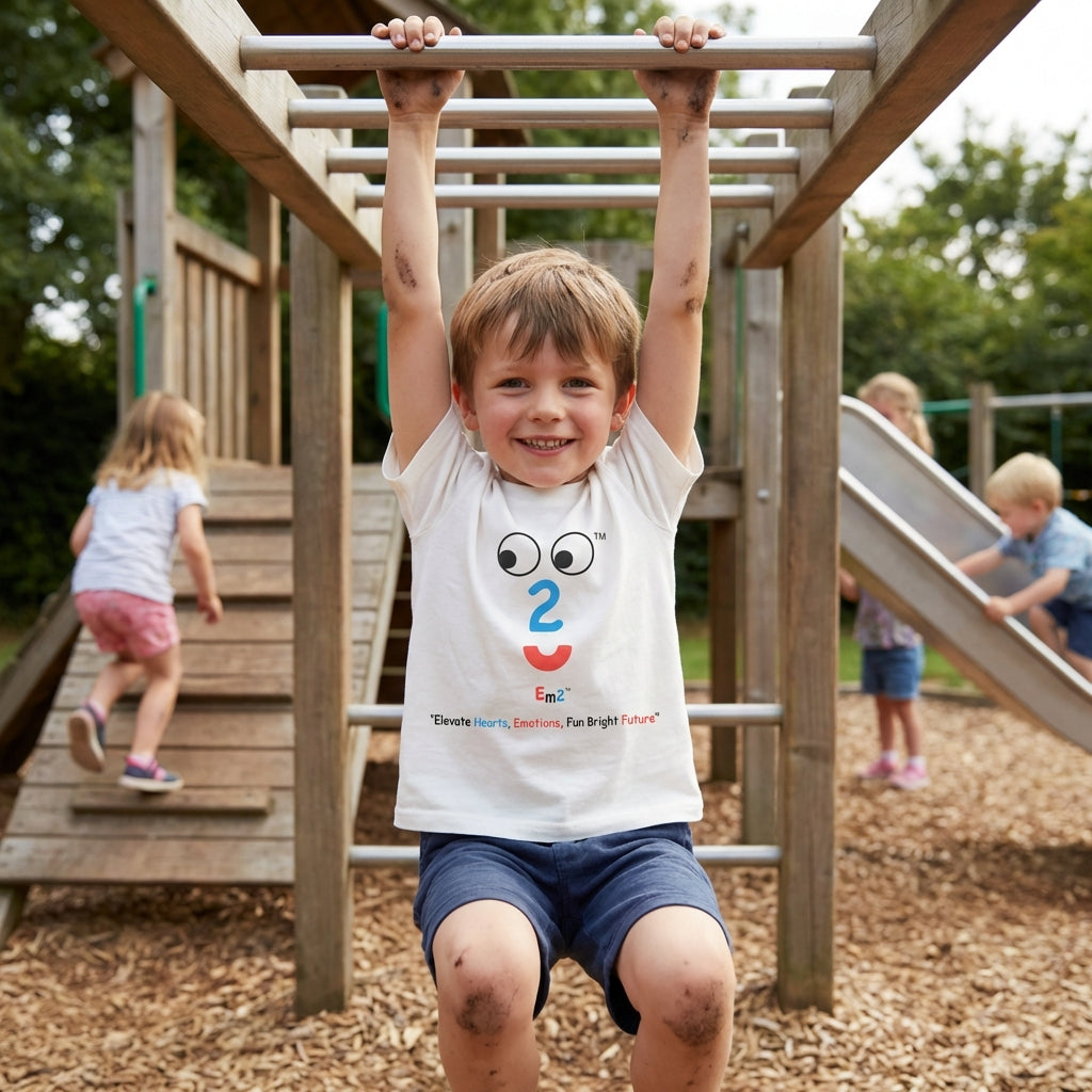 EM-107 EM2 Emotion Mascot Face Logo "Elevate Hearts, Emotions, Fun Bright Future" Short Sleeve T-Shirt