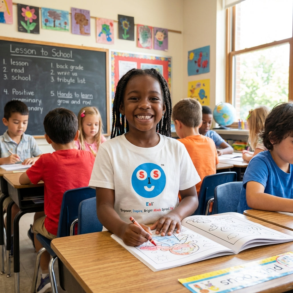 EM-121 ES1 Education Mascot Face Logo "Empower, Inspire, Bright Minds Spread Joy" Short Sleeve T-Shirt Free Shipping on All Orders!