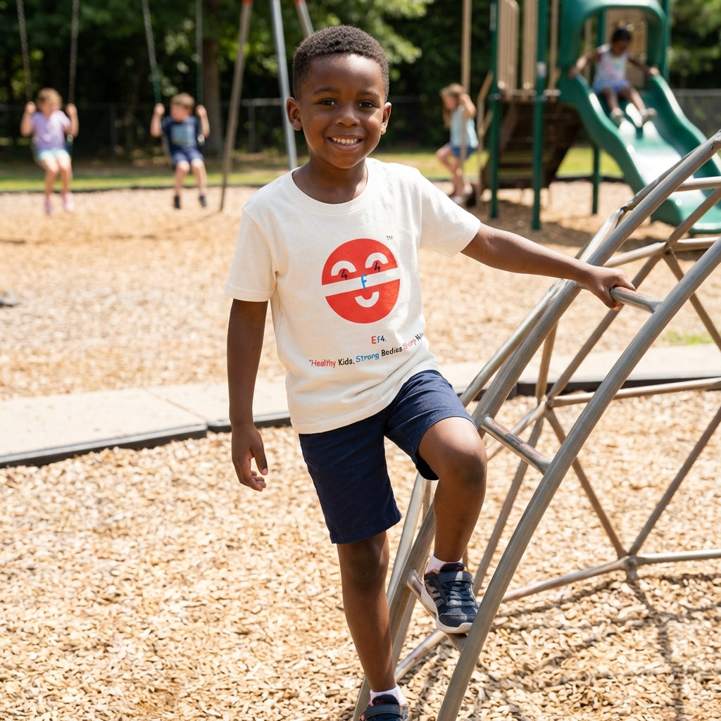 EM-141 EF4 Exercise Mascot Face Logo "Healthy Kids, Strong Bodies Sharp Minds" Short Sleeve T-Shirt Free Shipping on All Orders!