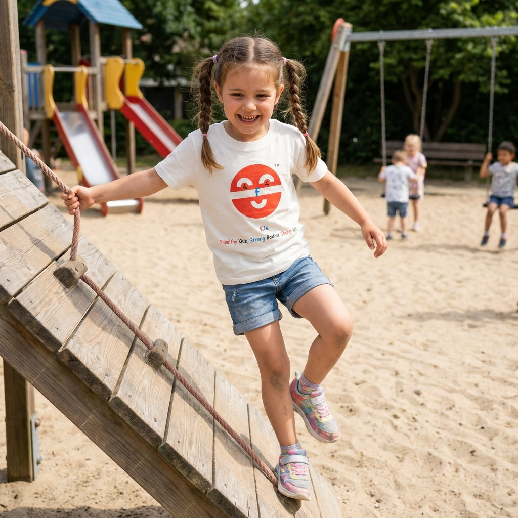 EM-141 EF4 Exercise Mascot Face Logo "Healthy Kids, Strong Bodies Sharp Minds" Short Sleeve T-Shirt Free Shipping on All Orders!