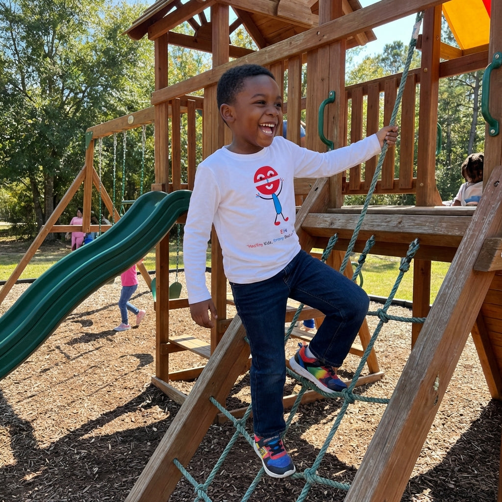EM-183 EF4 Exercise Mascot Logo "Healthy Kids, Strong Bodies Sharp Minds" Long Sleeve T-Shirt Free Shipping on All Orders!
