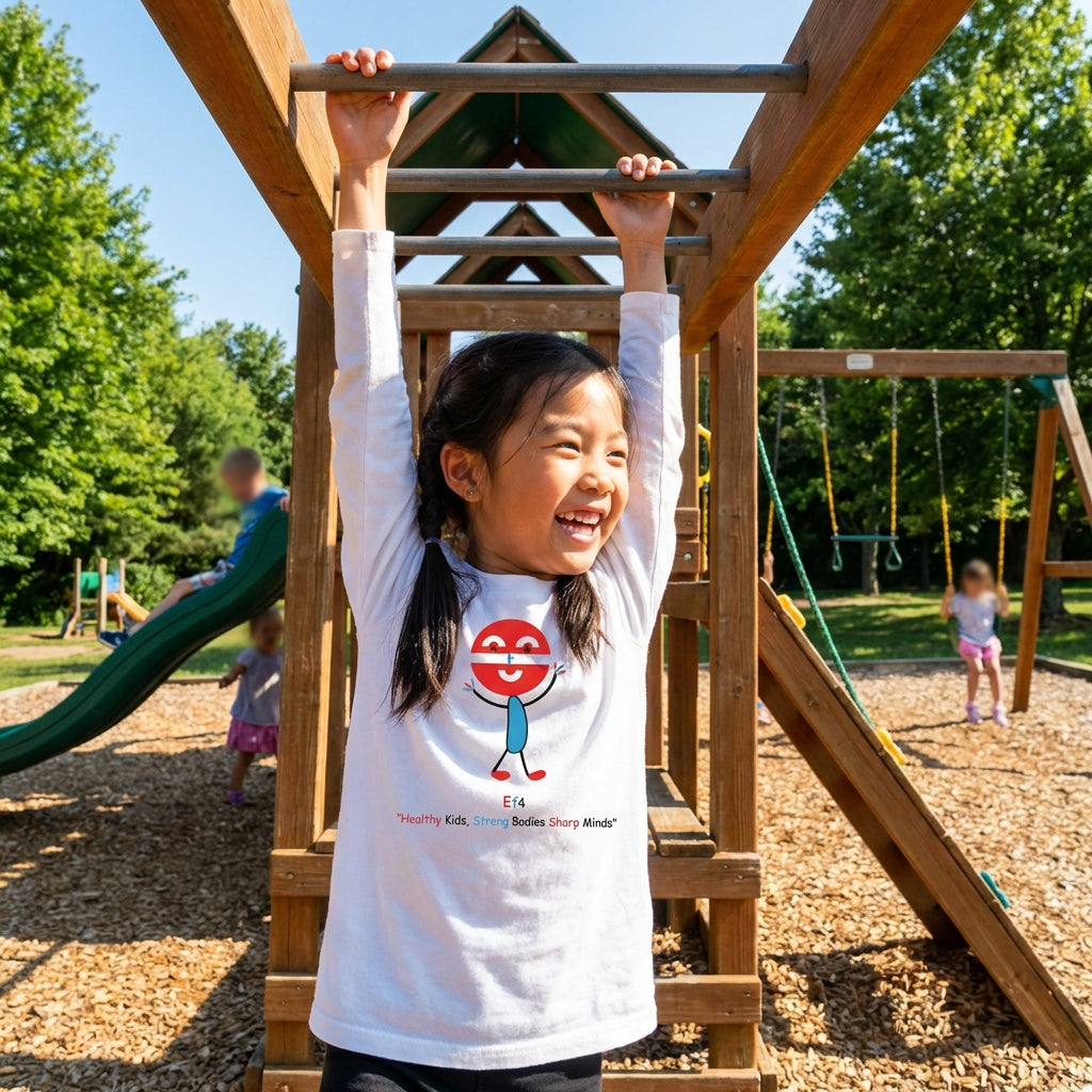 EM-183 EF4 Exercise Mascot Logo "Healthy Kids, Strong Bodies Sharp Minds" Long Sleeve T-Shirt Free Shipping on All Orders!